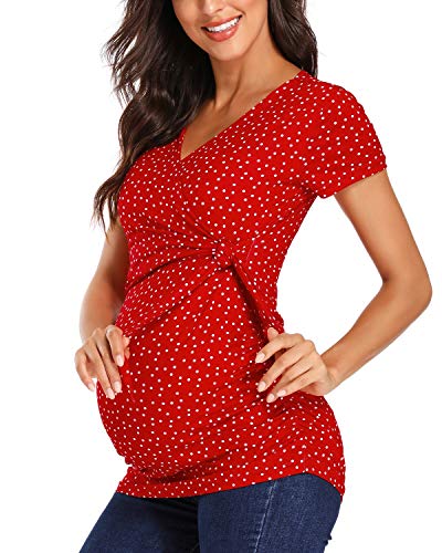 Damen Stillshirt Kurzarm V-Neck Umstandsshirt mit Stillfunktion, Soft Nursing Top für Schwangere (DE/NL/SE/PL, Alphanumerisch, XL, Regular, Regular, Rot Dot)