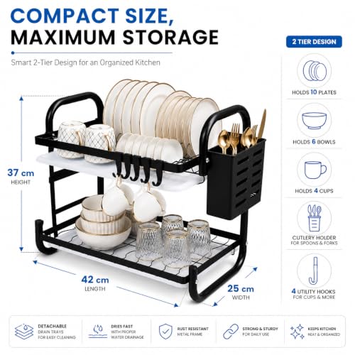 Image of 2 Tier Dish Drying Rack for Kitchen Counter, Dish Drainers for Metal Drying Rack Chopping Board Holder,Knife Holder,Cutlery Basket, Water Drain Tray Dish Racks(SS-10)