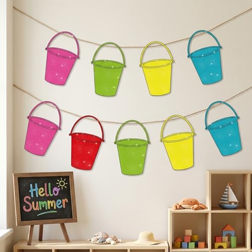 Image of Summer Bucket Glitter Cutouts - 100Pcs Colorful Beach Sand Bucket List Paper Cut-Outs with Glue Points Tropical Buckets Cutout Bulletin Board for DIY Crafts Sweet Summer Back to School Classroom Decor