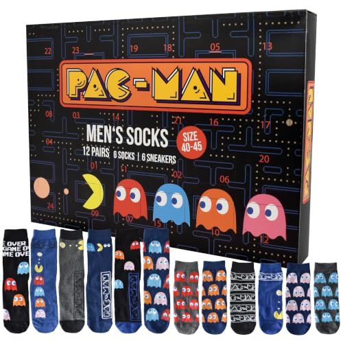 Pac-Man Calendario de Adviento con 12 pares de calcetines, tamaño 40-45, calendario de Navidad para hombre, con zapatillas y calcetines largos