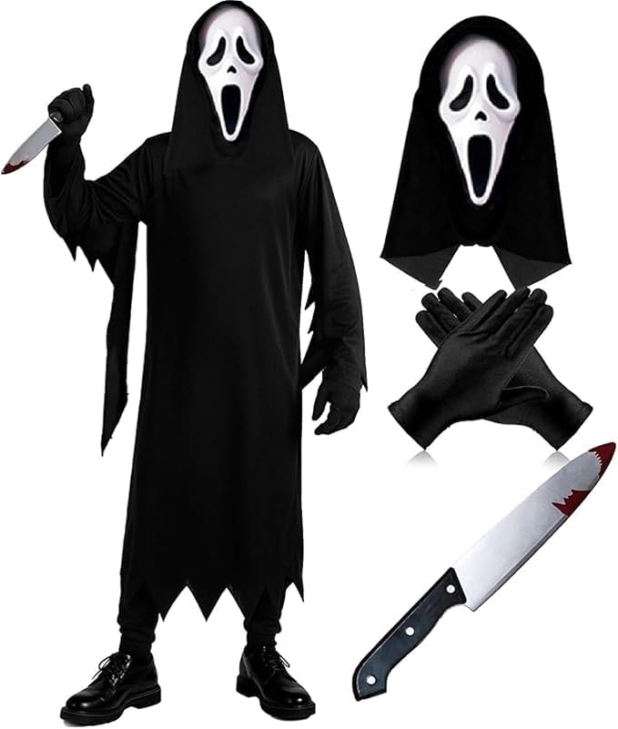 4Pcs Kille Ghost Face Costume, Hooded Robe, Mask, Gloves & Knife Prop (L)
