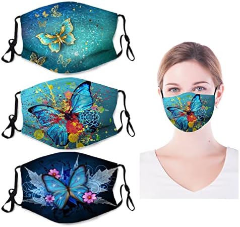 Abstract Butterfly 3pcs Reusable Face Mask Washable for Women Men with Nose Wire,6 Filters,Adjustable Ear Loops Colorful Butterfly Cloth Face Cover