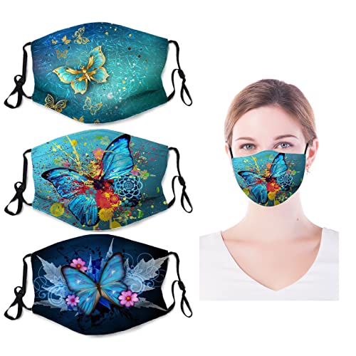 Abstract Butterfly 3Pcs Reusable Face Mask Washable For Women Men With Nose Wire,6 Filters,Adjustable Ear Loops Colorful Butterfly Cloth Face Cover #TOP1