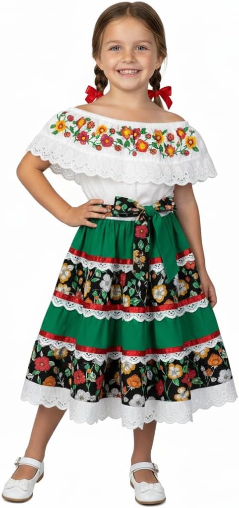 Girls’ Mexican Traditional Floral Dress with Lace and Embroidery for Cinco De Mayo and Fiestas