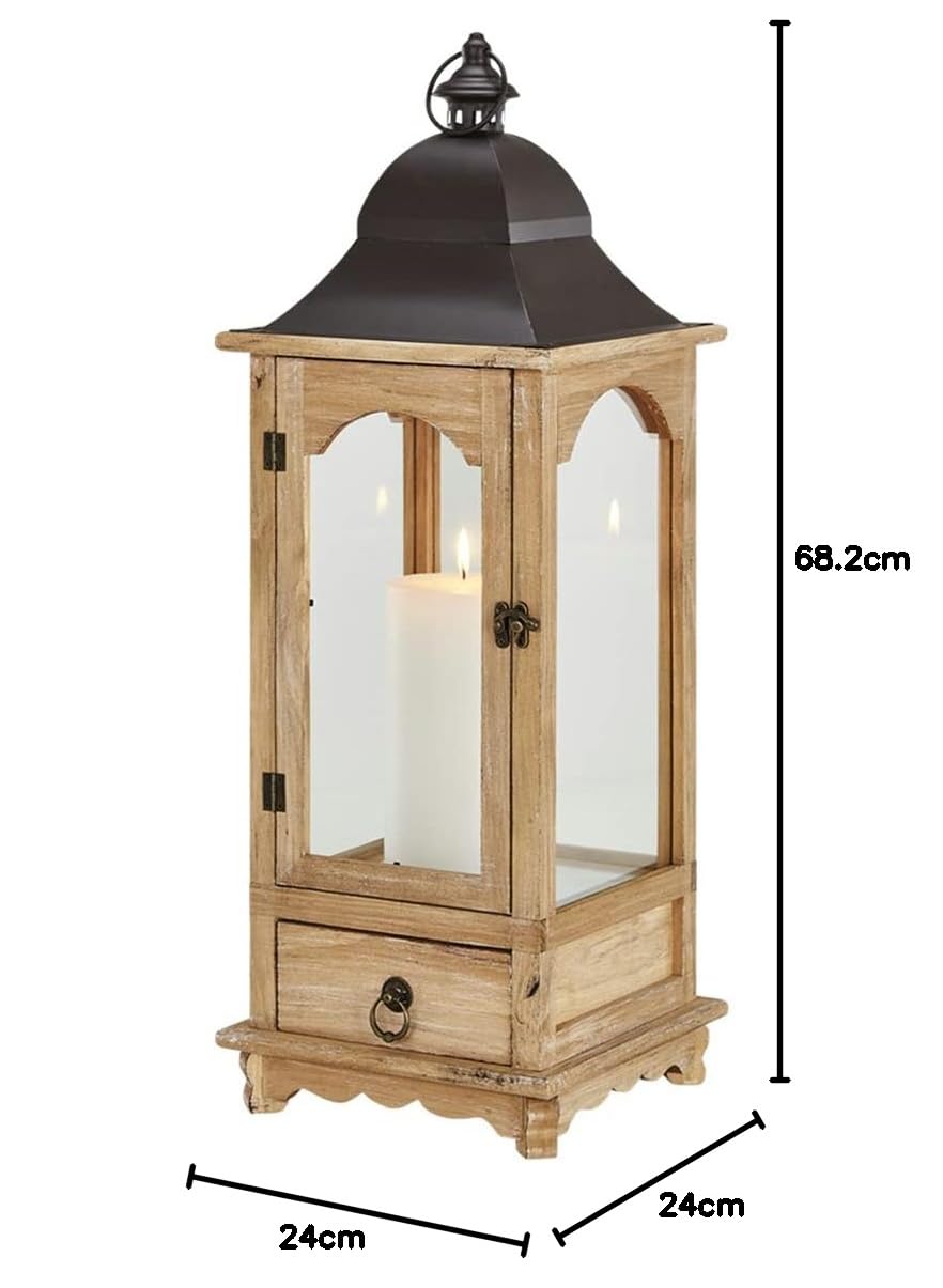 KHG Laterne cm in aus Holz, mit Schubfach, Kerzenständer, Kerzenhalter, Outdoor und Indoor, Deko, für Wohnzimmer, Balkon, Terrasse, Garten usw., Farbe:Natur-holzfarben, Kerzen-Sets:Single 68 cm