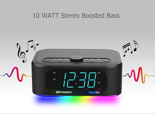 Miniatura 2 de Emerson Smartset - Altavoz Bluetooth de 7 colores, sonido estéreo de 10 W, carga inalámbrica de 15 W y luces LED que cambian a música, color negro