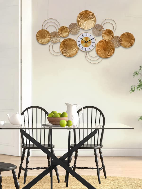 Image of CHRONIKLE Stylish Round Rings Design Horizontal Wall Art Metal Roman Numbers Wall Clock for Living Room Home Decor Office Gifts (Size: 129 x 1 x 69 CM | Weight: 2960 Gram | Color: Golden)