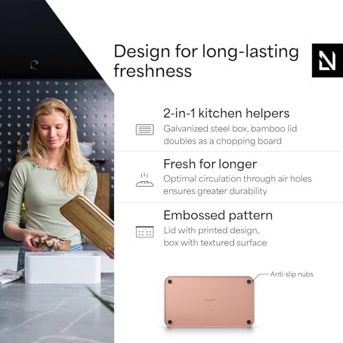 Image of LARS NYSOM Bread Box I Metal Box with linen bag for long lasting freshness I Bread Bin with bamboo lid usable as cutting board I 13.4x7.3x5.3In (Blush Rose)