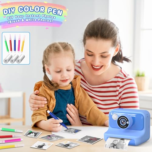 Hangrui Sofortbildkamera Kinder, 2,4 Zoll Kinderkamera Sofortbildkamera mit 32G Karte & Druckpapier, 1080P Kamera Kinder Sofortdruck mit Farbige Stifte, Geschenk für Kinders 3-12 Jahren-Blau