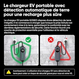 GONEO 8M Cable Recharge Voiture Electrique Type 2 monophasé,Schuko 3,68kW EV Chargeur Portable,Détection de Fuite AC 30mA+DC 6mA & Surveillance Température,Réglage 6A/8A/10A/13A/16A,Minuteur 0-8H
