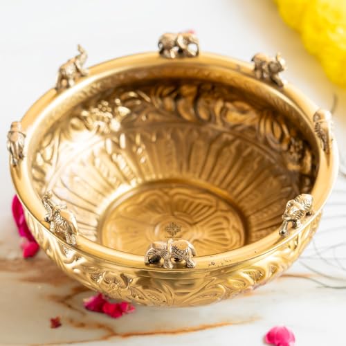 Image of INDIAN ART VILLA Brass Embossed Urli with Elephant Statues, Traditional Decorative Pooja Bowl, Home Decor Centerpiece, Ideal for Festivals, Weddings, Gifting, and Cultural Celebrations, 10 Inches