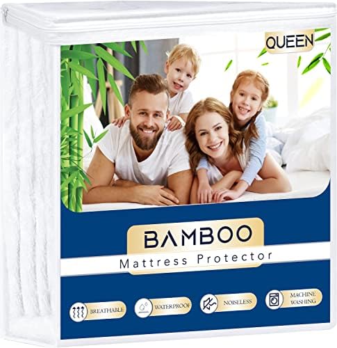 Waterproof Mattress Protector Bamboo Cooling Fitted Mattress Pad Cover, Soft & Breathable Terry Noiseless Vinyl Free, Deep Pocket Fits 8 to 21 Inch for Pets Kids Adults,Machine Washable(White Queen)