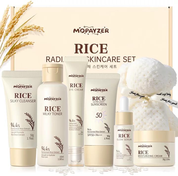 7PCS Rice Skincare Set Gift Box, Korean Skin Care Set for Women Teens Girls, Rice Cleanser Toner Serum Face Cream Eye Cream Sunscreen with Towel Bear Ornament, Hydrating Daily Face Care Kit
