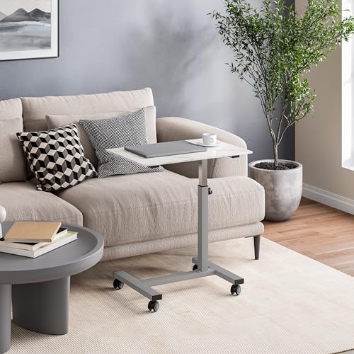 Image of Seville Classics Airlift Height Adjustable Mobile Rolling Laptop Cart Computer Workstation Desk Table for Home, Office, Classroom, Hospital, w /Wheels, Overbed Sit Stand (24 inch), Faux Marble