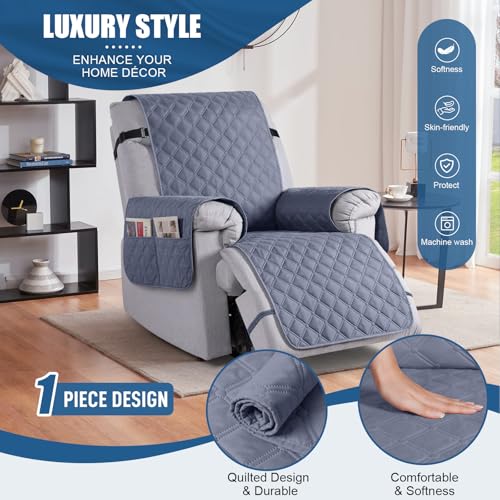 Image of TAOCOCO Recliner Sofa Covers, 100% Waterproof Recliner Covers with Leg Straps, Reversible Recliner Couch Cover for Reclining Chair, Washable Couch Protector for Pets Kids(1 Seater 22 inch, Bluish Gray)
