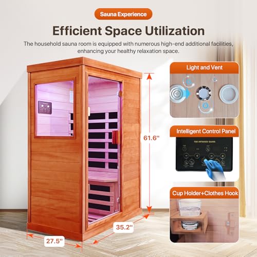 Image of OUTEXER Far Infrared Sauna Home Sauna Spa Room Low-EMF Wood 1200W Indoor Saunas with 7 Color Light Tempered Glass Door, Room:35.2 * 27.6 * 61.6Inch