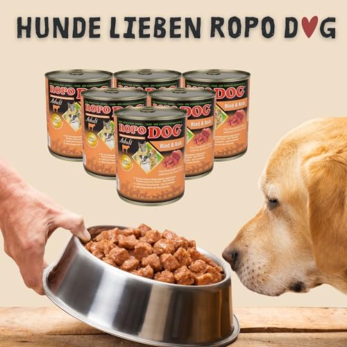 ROPODOG Hundefutter Nassfutter 6×800 g für Erwachsene Hunde Aller Rassen Premium Qualität getreidefrei, proteinreich, gut verträglich – Vollnahrung im Vorratspack (Rind & Kalb)