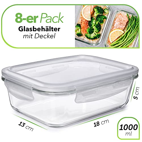 Foto von PrepNaturals Glasbehälter für Mahlzeiten, spülmaschinenfest, mikrowellen- und Ofenfest, 1020 ml, mehrere Fächer, 8 Stück