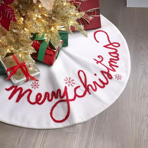 QLEKEY 24 Inch Christmas Tree Skirt White Soft Plush Xmas Tree Mat with Merry Christmas Patterns Holiday Decor for Home Party Indoor