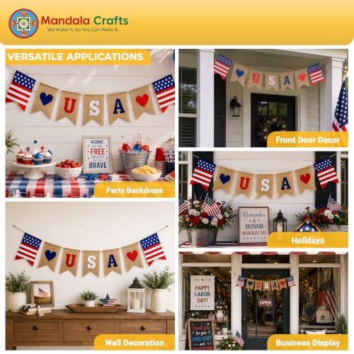 Image of Mandala Crafts Burlap USA Banner Garland for 9 /11 Patriot Day & Labor Day | American Flag Jute Pennant Bunting, Pre-Strung Patriotic Decor for Citizenship Parties, Civic Events & Day of Remembrance