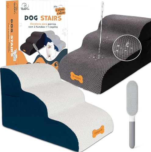 KRAPPS Escalera para Perros Pequeños o Mayores con 2 Fundas Impermeables y 1 Cepillo para Pelos - Rampa para Perros, Escalera Perro, Rampa Perro, Dog Ramp, Escaleras para Camas, Escada para Caes