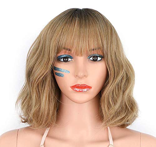 AISI HAIR Short Bob Curly Natural Wig With Bangs Mixed Blonde Womans Natural Looking Wavy Curly Bob Wig Synthetic Heat Resistant Fiber Wigs for Women (Mixed Blonde)