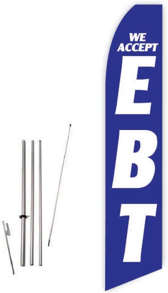 Super Novo Advertising Feather Flag for We Accept EBT (Blue) - Complete with 15ft Pole Set and Ground Spike