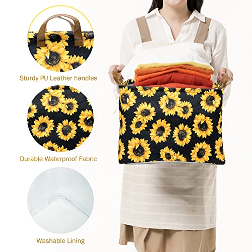 Image of Sunflowers Storage Bin Basket Collapsible with Leather Handles Waterproof Canvas Storage Cube Box for Closet Toys Clothes Nursery Room Gift Basket
