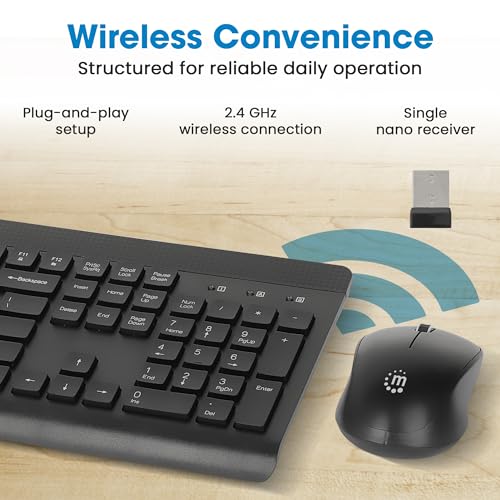Image of Manhattan Wireless Keyboard and Mouse Combo Set - Full-Size, Quiet Typing, 1200 DPI Precision, Universal Compatibility, USB Receiver - 180771