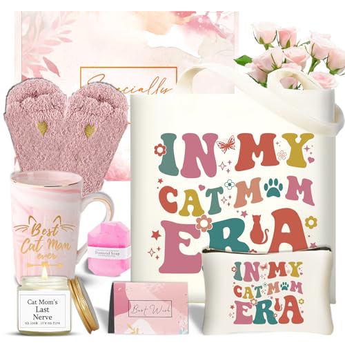 DHQH Cat Lover Gifts for Women, Cat Mom Themed Gift Box for Mothers Day Christmas, Birthday Gifts Set with Coffee Mug Canvas Tote Bag for Sisters Friends