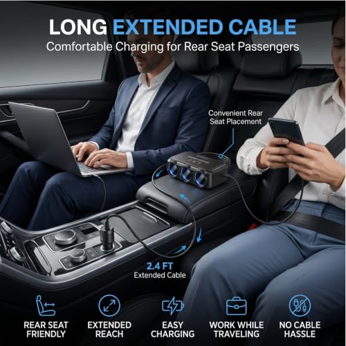 Image of DETAHI Car Cigarette Lighter Splitter with 3 Socket Power Outlet, USB QC 3.0 PD Type C Charging Port, 120W Max Power, 12V-24V Compatible for Car, SUV & Truck (Cable Extension)