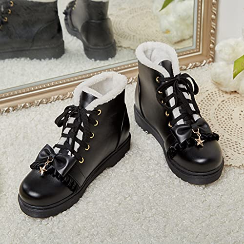 VOKLIN Women's Kawaii Lolita Bowtie Flat Dressy Ankle Booties Round Toe Lace Up Uniform Dress Short Boots4