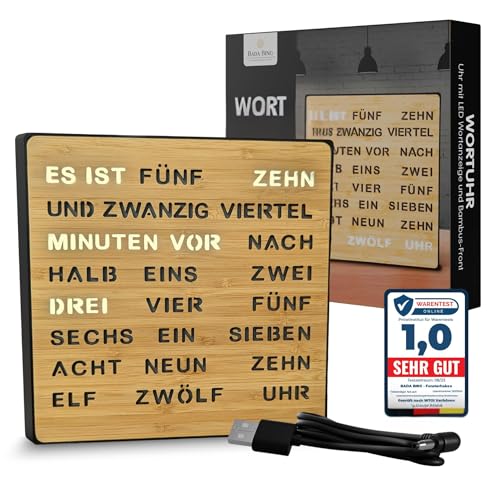 Bada Bing LED Wortuhr Bambus mit Deutscher Wort Anzeige - edle Tischuhr 3...