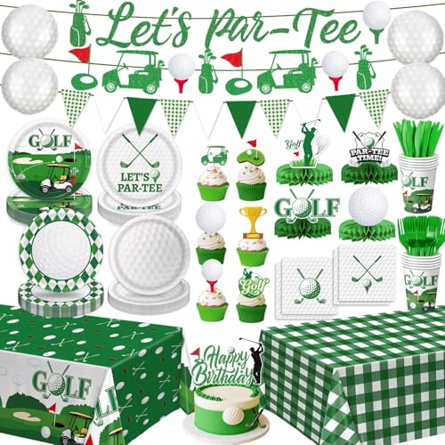 Golf Birthday Party Decorations Includes Plates, Napkins, Cups, Cutlery, Cake &Amp; Cupcake Toppers, Banner, Honeycomb Centerpieces, Tablecloths, Balloons For Golf Birthday Party Decorations, Serves 24