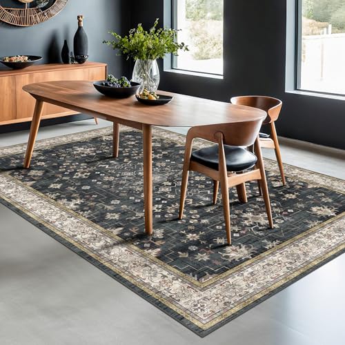 Image of Boho Dining Room Rugs for Under Table - 6x9 Washable Black Area Rug For Living Room, Low Pile Non-Slip Rugs for Bedroom, Office - Charming Farmhouse Decor & Stain Resistance (6x9 Black /Multi)