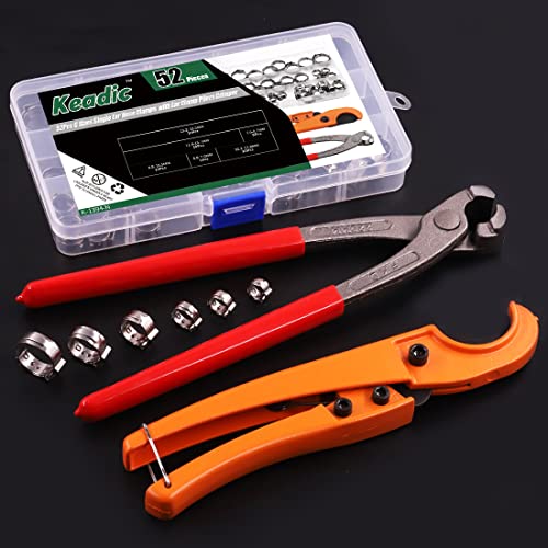 Keadic 52Pcs Ear Hose Clamp Crimping Tool And Pex Pipe Cutter For 1/8 Inch-1 1/4 Inch Tube With [6Mm To 18.5Mm] 304 Stainless Steel Clamps, Pex Cinch Fastening Tool For Automotive Marine Motorcycl #TOP6