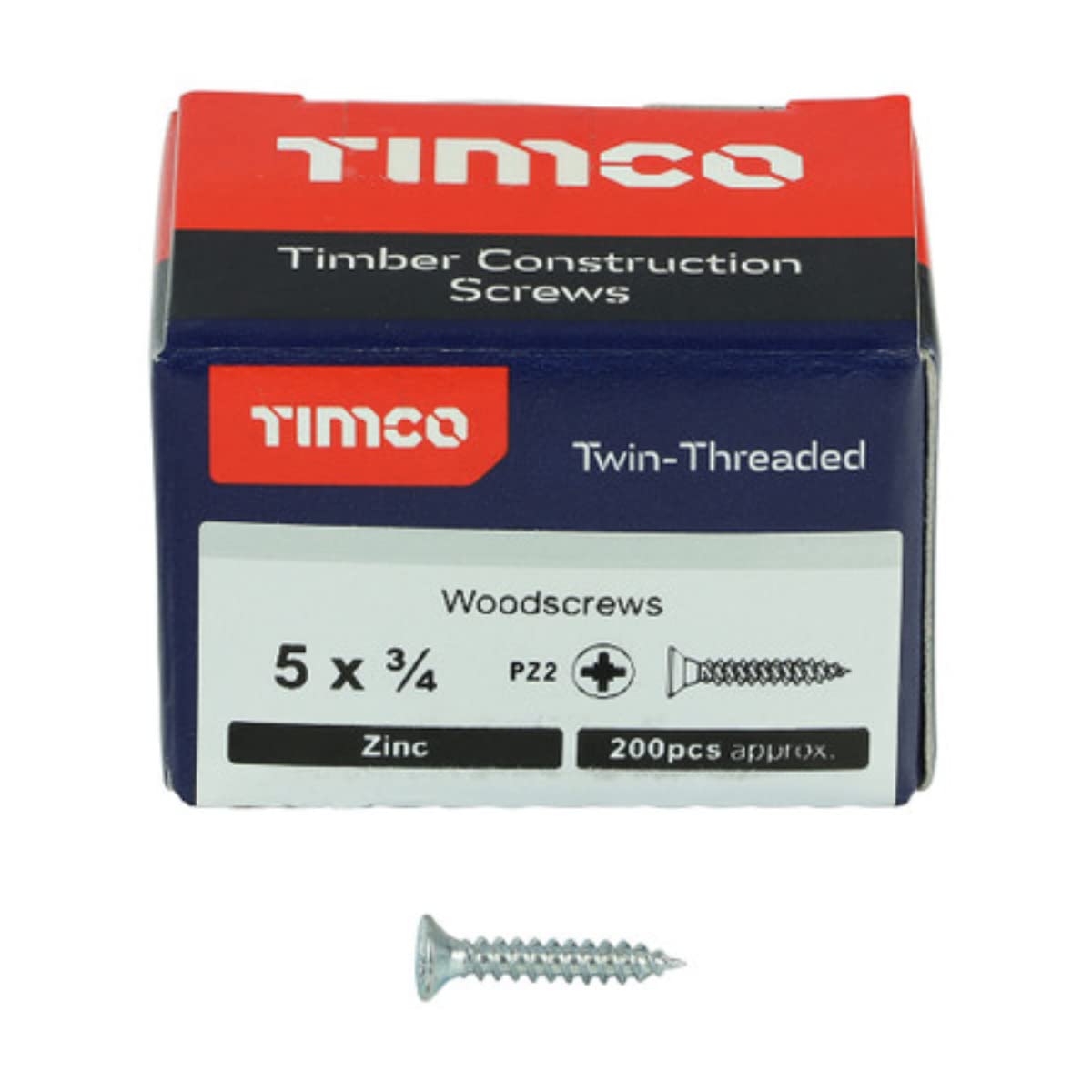 TIMCO Twin-Threaded Woodscrews - PZ - Double Countersunk - 5 x 3/4 - Zinc Plated - Box of 200, Silver, 3.3 x 20mm