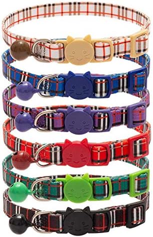 Breakaway Cat Collars with Bell, Safety Buckle Plaid Patterns Mixed Colors, Adjustable Kitten Collars from 7.8-11.8 Inch, 6 Pack