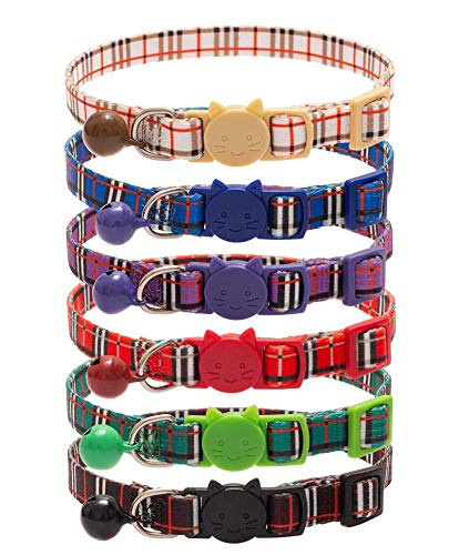 Breakaway Cat Collars with Bell, Safety Buckle Plaid Patterns Mixed Colors, Adjustable Kitten Collars from 7.8-11.8 Inch, 6 Pack