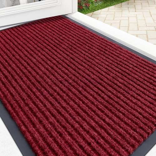 OLANLY Front Door Mat Indoor Outdoor Entrance Waterproof Heavy Duty Doormat Fade Resistant Low Profile Easy Clean Patio Porch Welcome Floor Mats for Entry 29.5x17 Wine Red