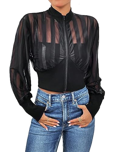 WDIRARA Women's Contrast Mesh Zip Up Bomber Jacket Lantern Long Sleeve Baseball Collar Outwear Crop Jacket