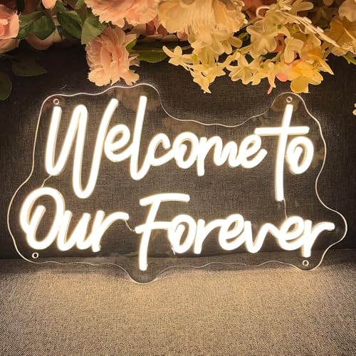 Image of Welcome To Our Forever Neon Sign for Wall Decor Wedding Light Up Neon Sign Indoor Bedroom Home Decor LED Neon Signs Large Backdrop Flex Christmas Living Room Girls Boys Gift,USB Warm White 40x23.8 CM