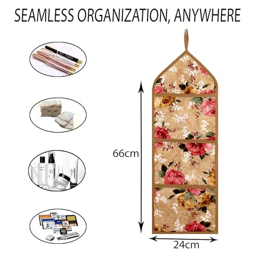 Image of Urbane Home Paper Holder | Foldable Hanging Organizer | PVC Flower Design Document Holder | Wall Hanging Organizer with 3 Pocket | Pack of 2 | Beige