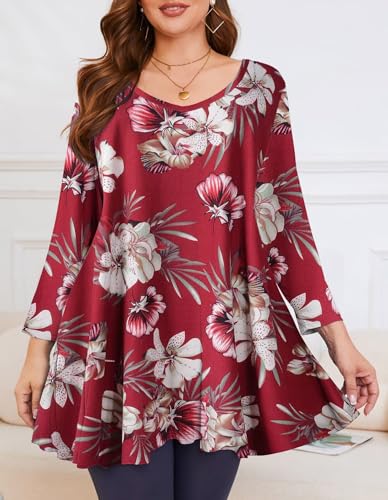 Image of LARACE Tunics 3 /4 Sleeve Plus Size Tops for Women V Neck Loose Fit Flowy Clothing for Leggings
