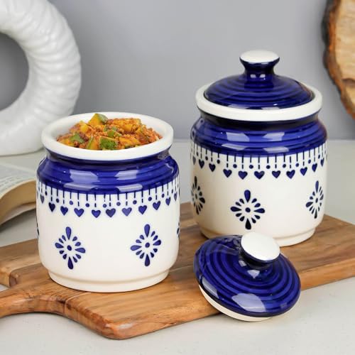 Image of The Earth Store Blue Drape Ceramic Jars for Kitchen Storage 600ML Each | Pickle Jar Set of 2 | Barni Jar with Lid | Ceramic Storage Containers Jar for Achar, Cookies, Chatney, Sugar