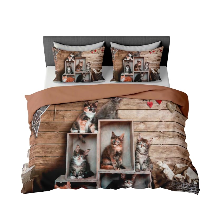 INTRECCI Copripiumino in Cotone Sogni d’Oro, Parure Copri Piumino con Federe Set Sacco Piumone Disponibile in più Fantasie (Set Sacco Singolo + 1 Federa, Dis. 74 Mici In the Box)