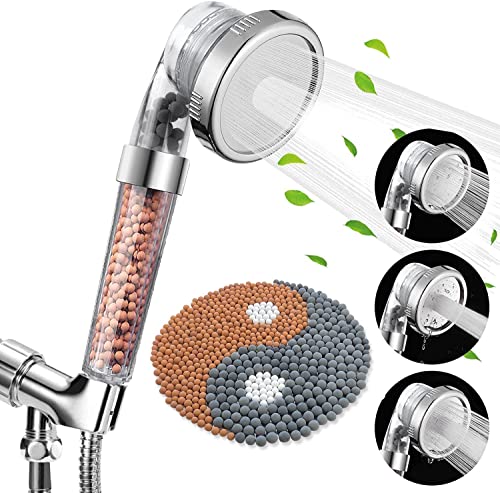 Luxsego Shower Head and Replaceable Filter Beads Bundle, Includes Shower Hose and Holder, 3 Settings Water Saving Showerheads High Pressure for Best Shower Experience, Rejuvenate Dry Skin & Hair