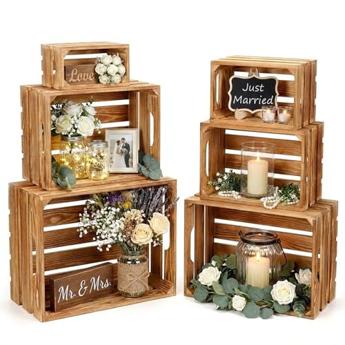 OINETRK Set of 6 Decorative Wood Crates for Display, 6 Size Farmhouse Wooden Baskets Rustic Nesting Crates Decor Boxes with Handle for Storage, Container, Display, Christmas Decorations