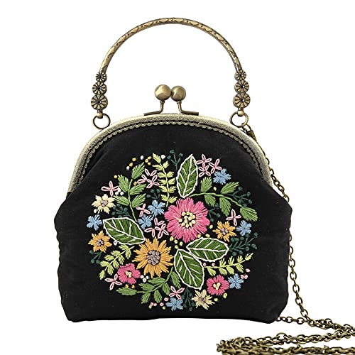 Image of Gogobear Embroidery Coin Purse Kits for Beginners Handmade DIY Clutch | Included Embroidery Cloth Bag /Chain /Craft Stamped /Hoops Threads, Friend Gifts, Retro Vintage Style