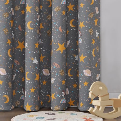 Image of Unicorn Planet Grey Room Darkening Curtains 96 Inch Length for Kids Bedroom